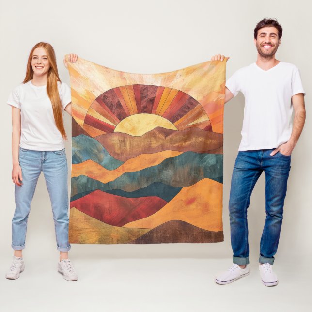 Boho Sunset Over Mountains - Retro Erthy Landschaf Fleecedecke (Beispiel)