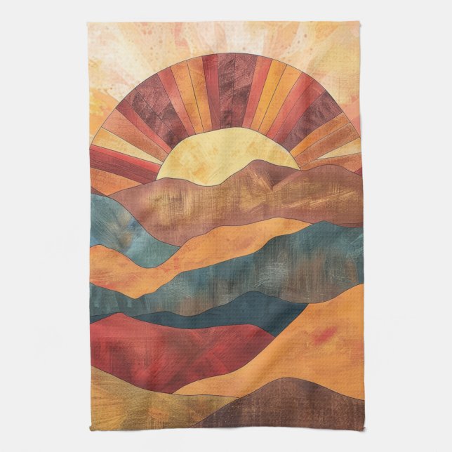 Boho Sunset Over Mountains - Retro Erthy Landschaf Geschirrtuch (Vertikal)