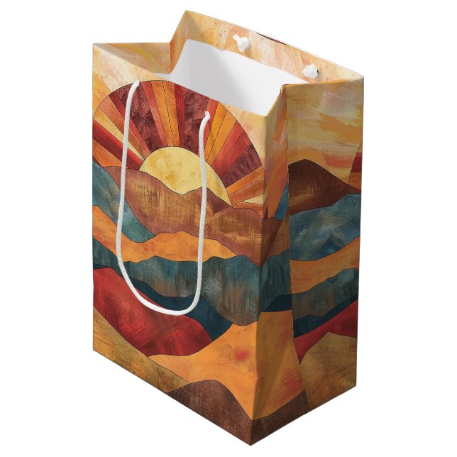 Boho Sunset Over Mountains - Retro Erthy Landschaf Mittlere Geschenktüte (Vorderseite Schrägansicht)