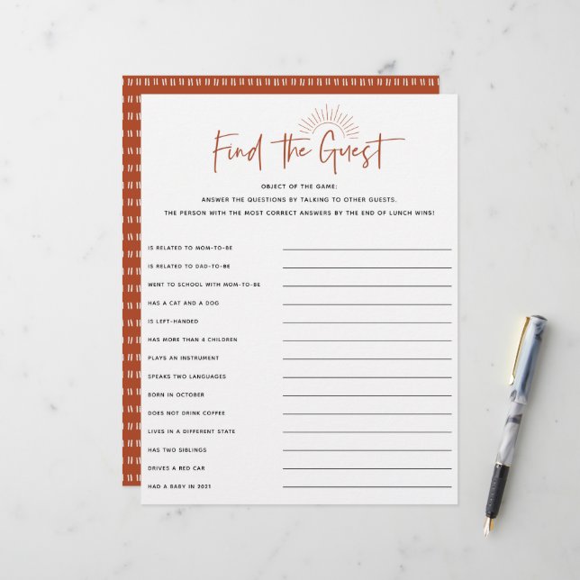 Boho Sunshine Baby Shower Guest Game (Vorderseite/Rückseite Beispiel)