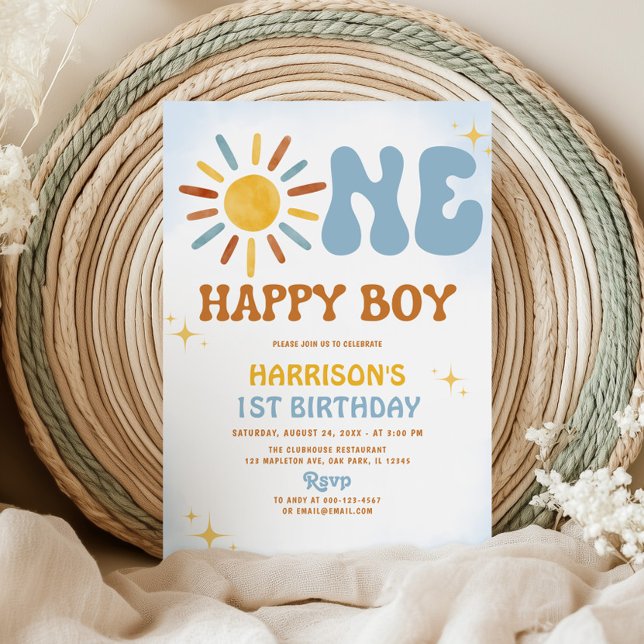 Boho Sunshine One Happy Boy Birthday Einladung (Von Creator hochgeladen)