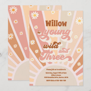 Boho Sunshine Young Wild and Three Birthday Party Einladung