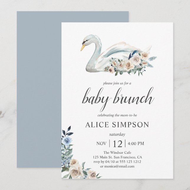 Boho Swan Dusty Blue Beige Blume Babydusche Einladung (Vorne/Hinten)
