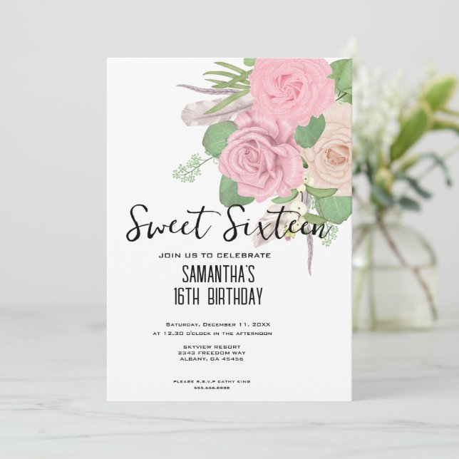 Boho Sweet 16 Einladung - Rosa Aquarellblume (Stehend Vorderseite)