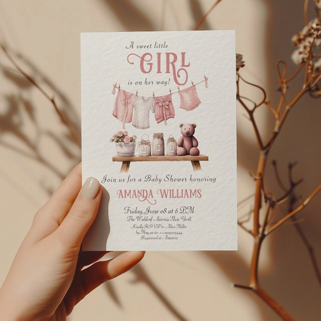 Boho Sweet Girl Pink Clothesline Babydusche Einladung (Von Creator hochgeladen)