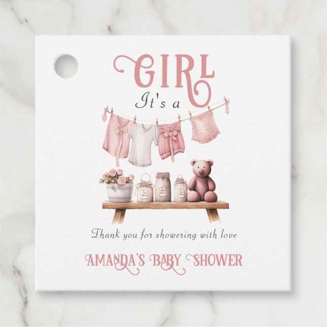 Boho Sweet it a Girl Pink Clothesline Baby Showdus Geschenkanhänger (Vorderseite)