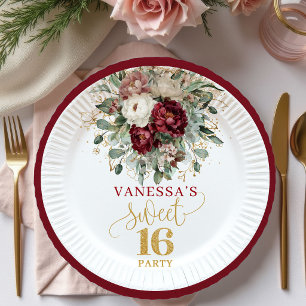 Boho Sweet Sixteen Blush Burgund Weinrote Blumen T Pappteller