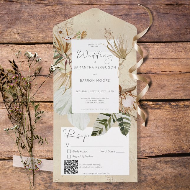 Boho Tan Floral Grass QR Code All In One Einladung (Von Creator hochgeladen)