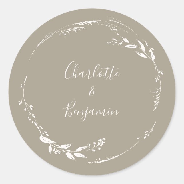 Boho Taupe Floral Wreath Calligraphy Personalisier Runder Aufkleber (Vorderseite)