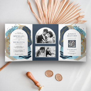 Boho Taupe Navyblaue Pinselstriche QR-Code Hochzei Dreifach Gefaltete Einladung