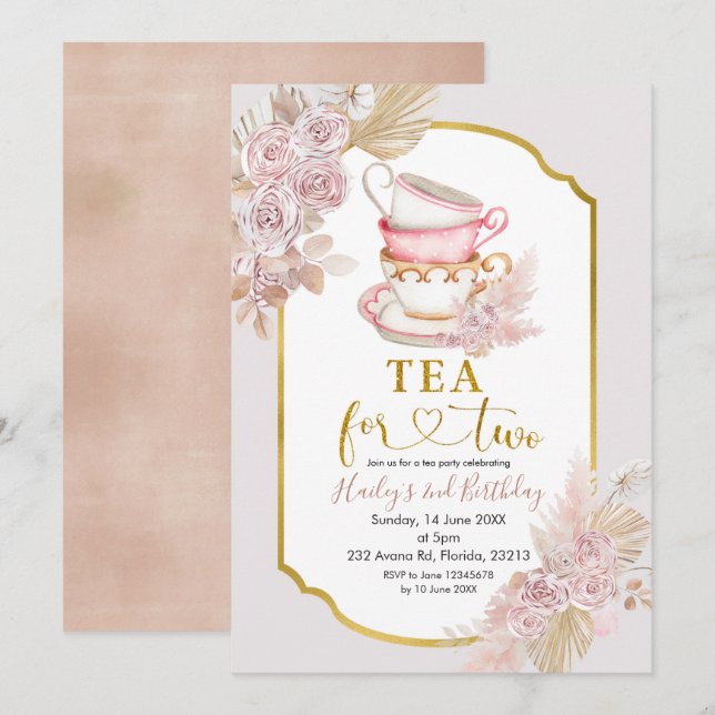 Boho Tea pour deux deuxièmes Invitation anniversai (Devant / Derrière)