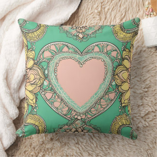 Boho teal & yellow heart mandala floral AI art  Kissen