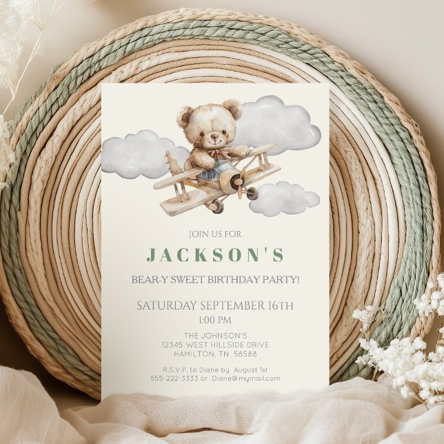 Boho Teddy Bear Avion Anniversaire Fête Invitation (Bear-y Sweet Birthday Teddy Bear riding Airplane Invitation)