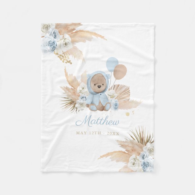 Boho Teddy Bear Baby Dusche Geschenk Boy Blue Bear Fleecedecke (Vorderseite)