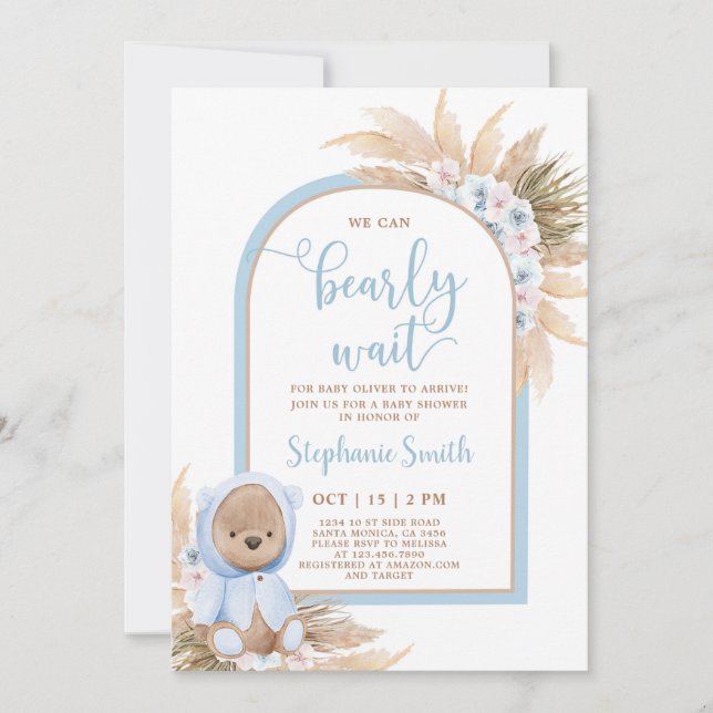Boho Teddy Bear Baby shower Boy Invitation (Devant)