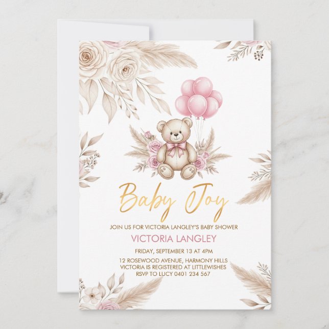 Boho Teddy Bear Baby Shower Invitation (Devant)