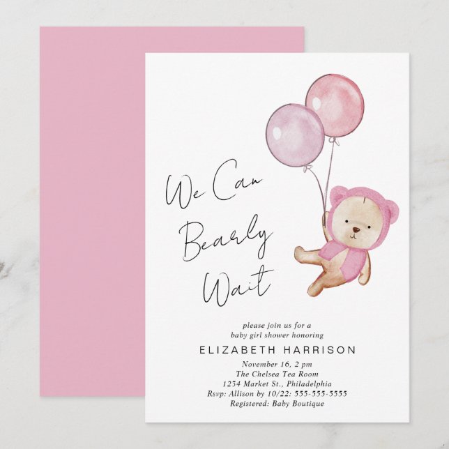 Boho Teddy Bear Balloons Baby Girl Dusche Einladung (Vorne/Hinten)