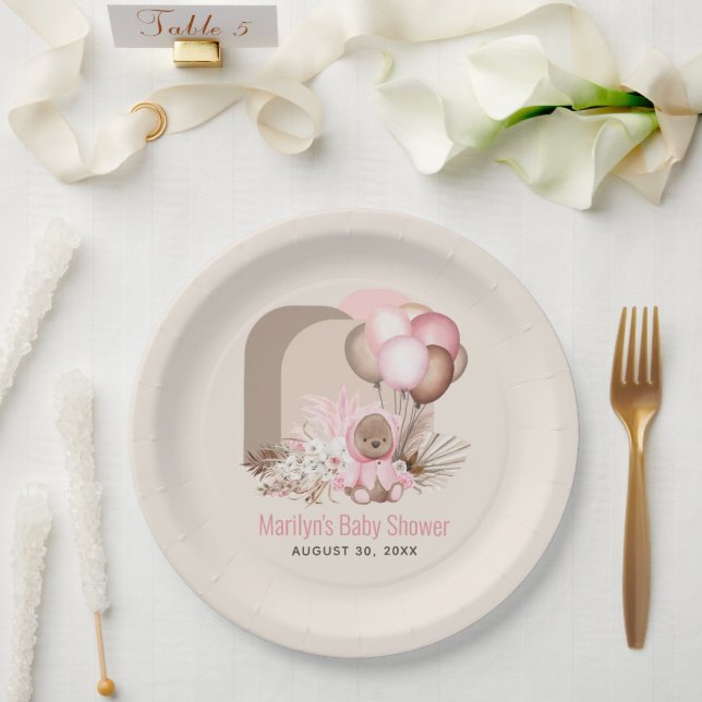 Boho Teddy Bear & Balloons Bearly Wait Baby Dusche Pappteller (Hochzeit)