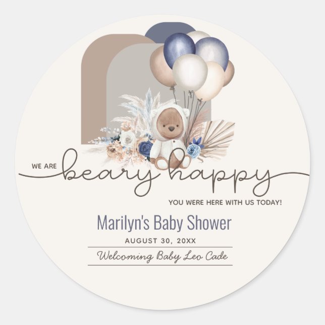 Boho Teddy Bear & Balloons Bearly Wait Baby Dusche Runder Aufkleber (Vorderseite)