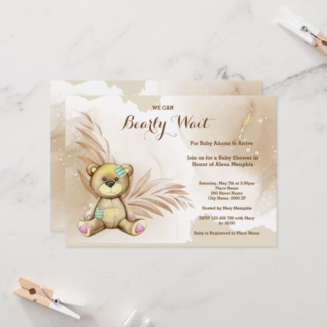 Boho Teddy Bear Bear Bearly Wait Baby Dusche Einladung (Vorderseite/Rückseite Beispiel)