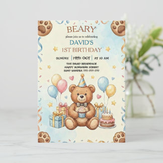 Boho Teddy Bear Beary First 1st Birthday Party Einladung