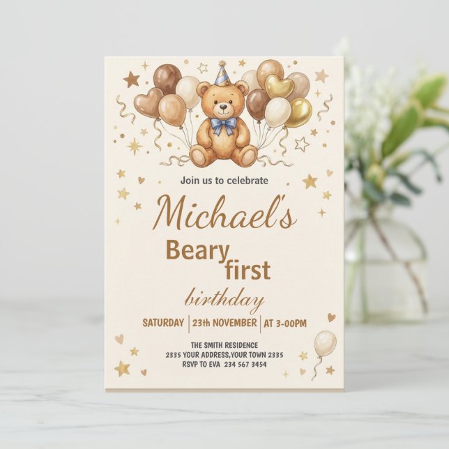 Boho Teddy Bear Beary First 1st Birthday Party Einladung (Stehend Vorderseite)