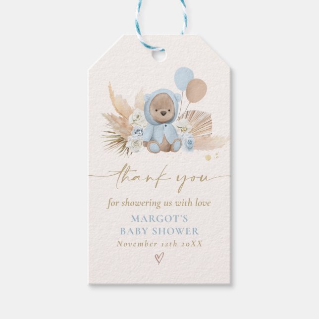 Boho Teddy Bear Blue Bearly Wait Baby Dusche Geschenkanhänger (Vorderseite)