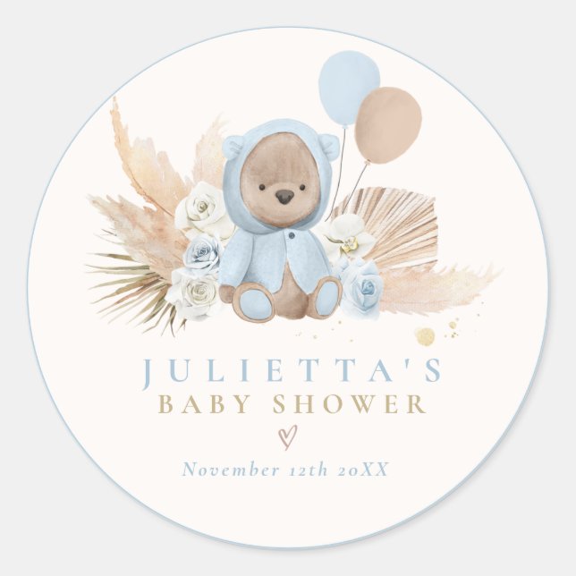 Boho Teddy Bear Blue Bearly Wait Baby Dusche Runder Aufkleber (Vorderseite)