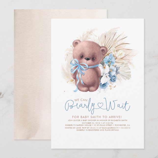Boho Teddy Bear Blue Bearly Wait Boy Baby Dusche Einladung (Vorne/Hinten)