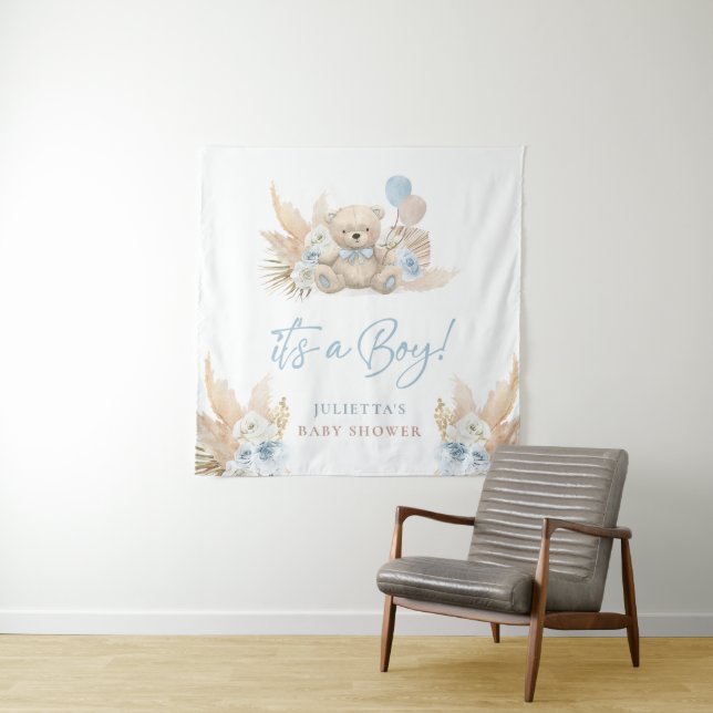 Boho Teddy Bear Boy Blue Baby Dusche Begrüßungszei Wandteppich (Beispiel (Horizontal))