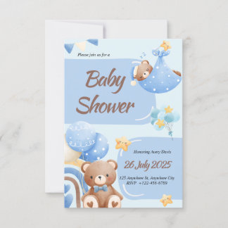 Boho Teddy Bear Boy Blue Baby Shower Invitation