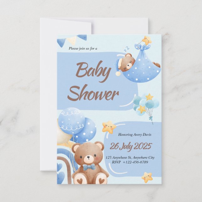 Boho Teddy Bear Boy Blue Baby Shower Invitation Einladung (Vorderseite)