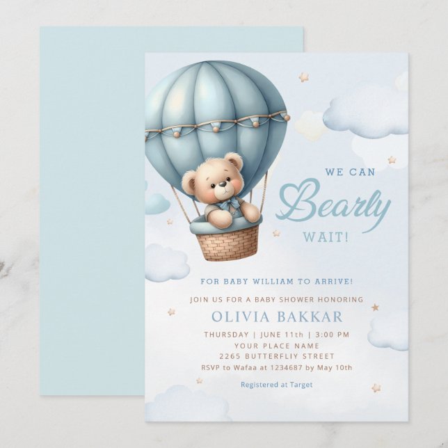 Boho Teddy Bear Boy Blue Bearly Wait Baby Dusche Einladung (Vorne/Hinten)