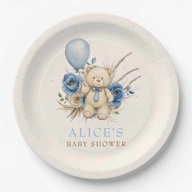 Boho Teddy Bear Boy Blue Bearly Wait Baby Dusche Pappteller (Vorderseite)