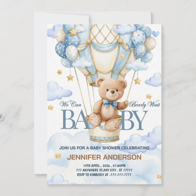 Boho Teddy Bear Boy Blue Bearly Wait Baby Shower Einladung (Vorderseite)