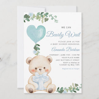 Boho Teddy Bear Boy Blue Bearly Wait Baby Shower  Einladung