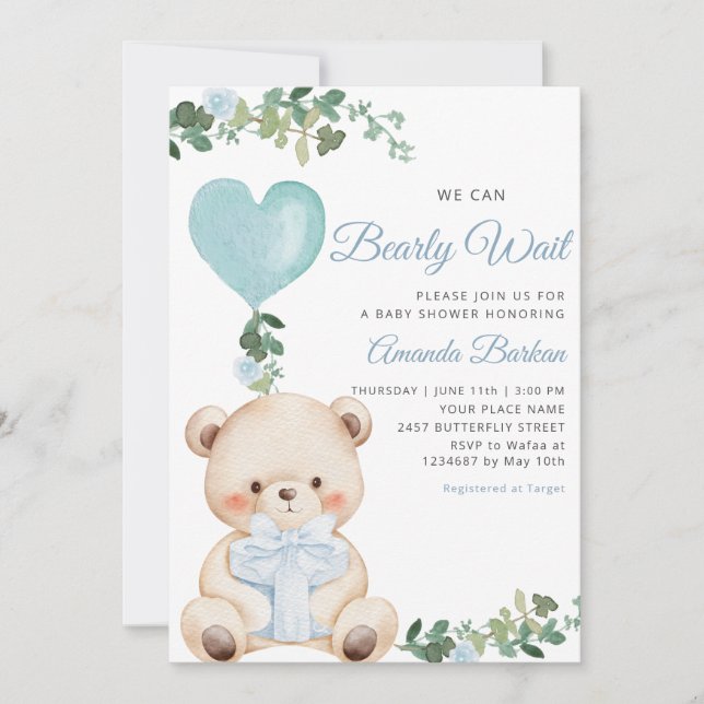 Boho Teddy Bear Boy Blue Bearly Wait Baby Shower  Einladung (Vorderseite)