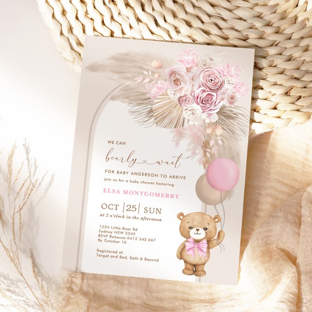 Boho Teddy Bear Dusty Pink Floral Baby Girl Dusche Einladung (Von Creator hochgeladen)
