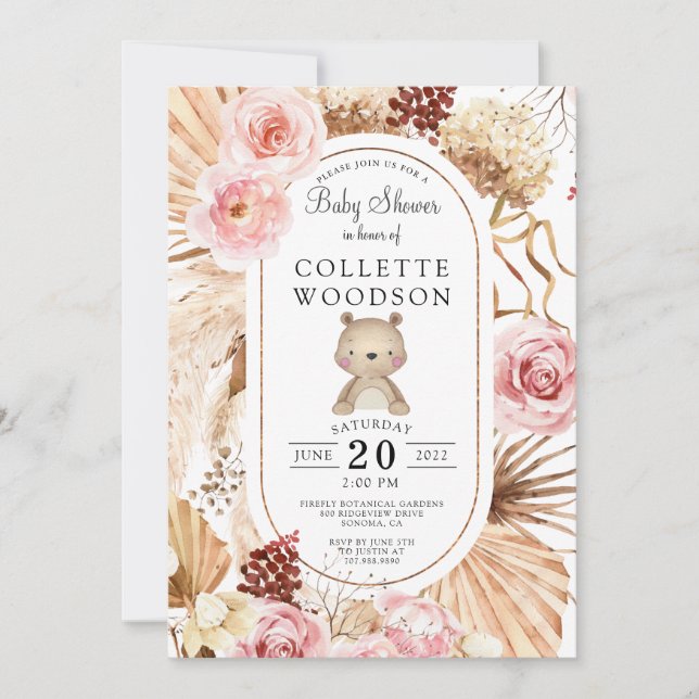 Boho Teddy Bear Floral Pink & Palmetto Baby Dusche Einladung (Vorderseite)