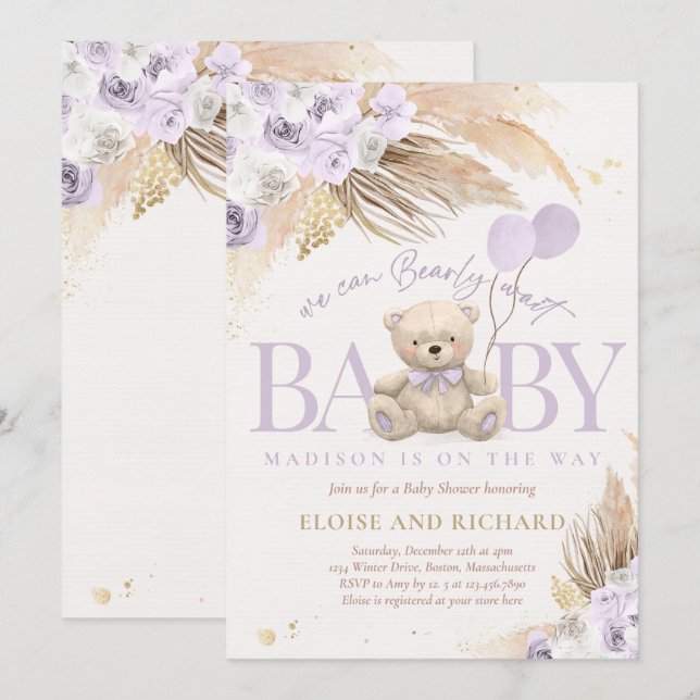 Boho Teddy Bear Girl Lilac Bearly Wait Baby Dusche Einladung (Vorne/Hinten)
