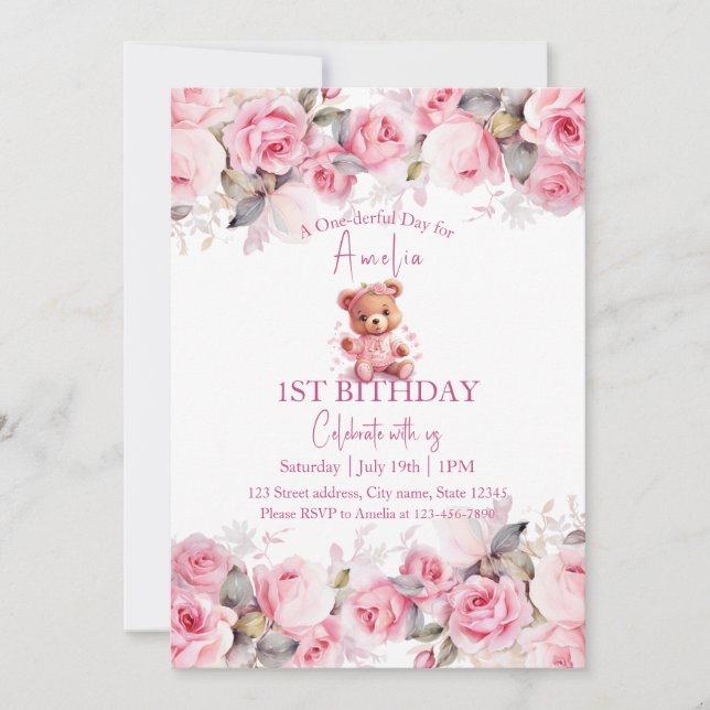 Boho Teddy Bear Girl Pink Bear Floral Birthday  Einladung (Vorderseite)