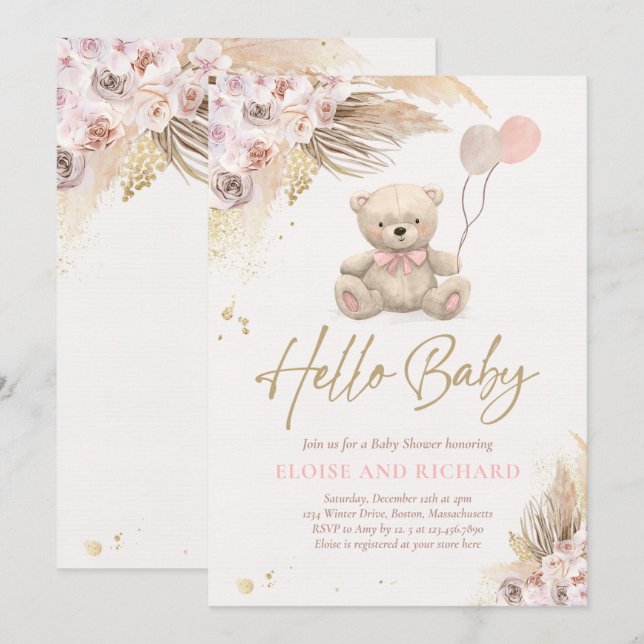 Boho Teddy Bear Girl Pink Bearly Wait Baby Dusche Einladung (Vorne/Hinten)