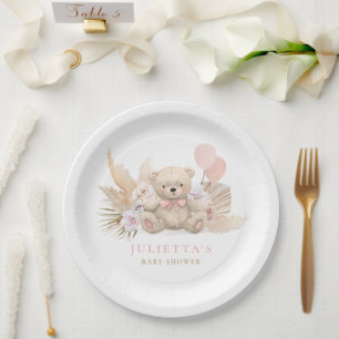 Boho Teddy Bear Girl Pink Bearly Wait Baby Dusche Pappteller