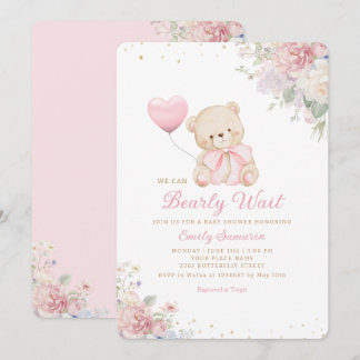 Boho Teddy Bear Girl Pink Bearly Wait Baby Shower Einladung