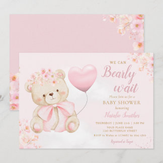 Boho Teddy Bear Girl Pink Bearly Wait Baby Shower Einladung