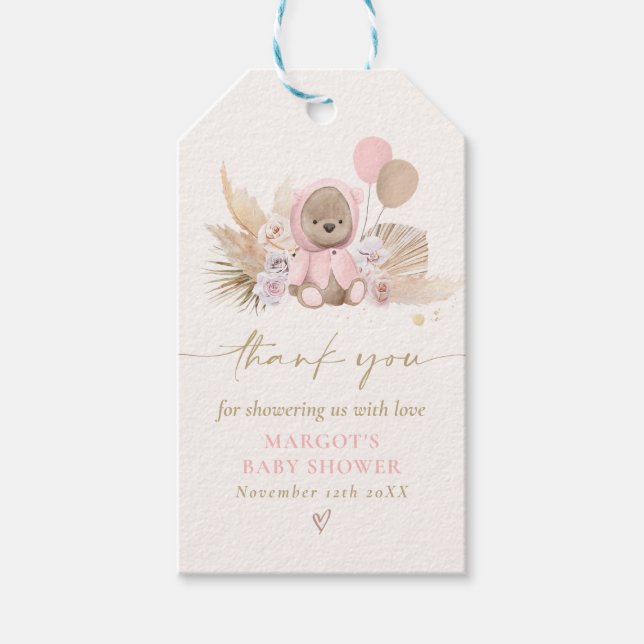 Boho Teddy Bear Pink Bearly Wait Baby Dusche Geschenkanhänger (Vorderseite)