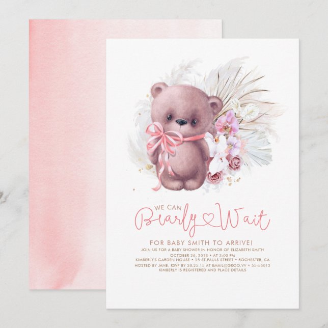 Boho Teddy Bear Pink Bearly Wait Girl Baby Dusche Einladung (Vorne/Hinten)