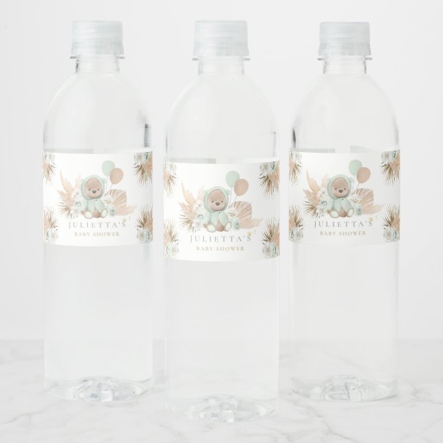 Boho Teddy Bear Sage Green Baby Dusche Party (Flaschen)