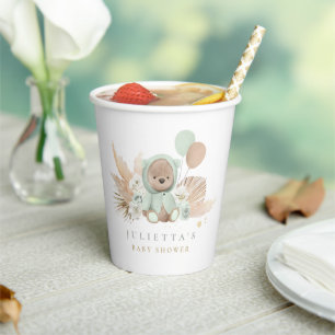 Boho Teddy Bear Sage Green Baby Dusche Party Pappbecher