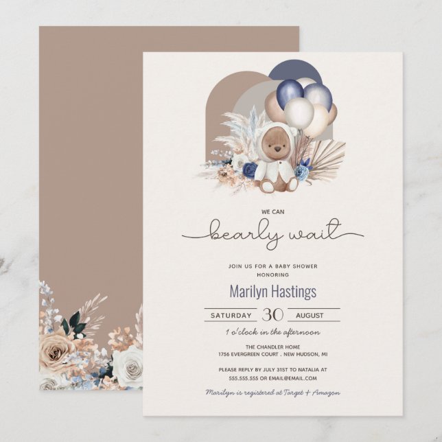 Boho Teddy Bear, wir können frühzeitig abwarten -  Einladung (Vorne/Hinten)